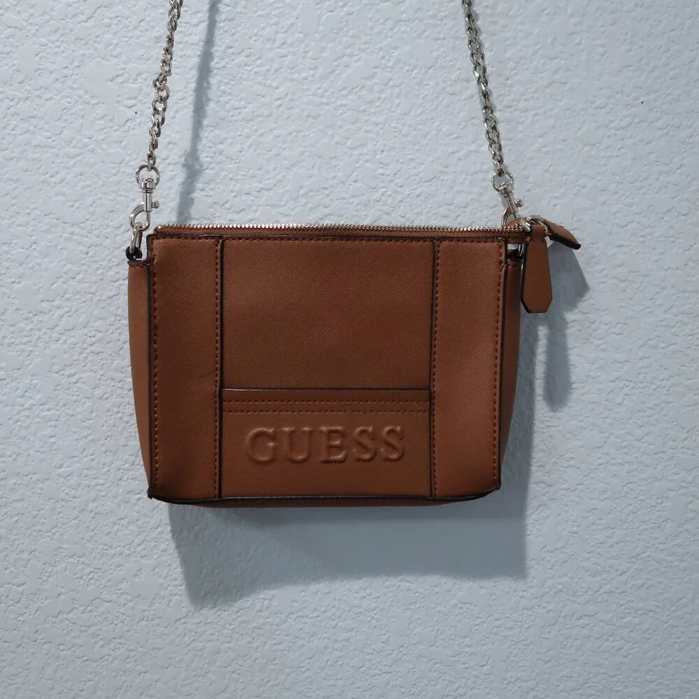 Guess Crossbody Bag Brown Faux Leather Purse with Removable Chain Strap Clutch - Picture 2 of 14